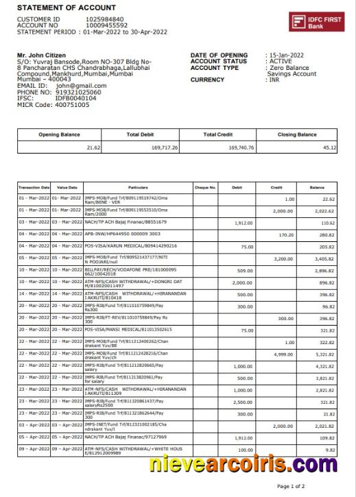 India IDFC First bank statement, Word and PDF format, 2 pages